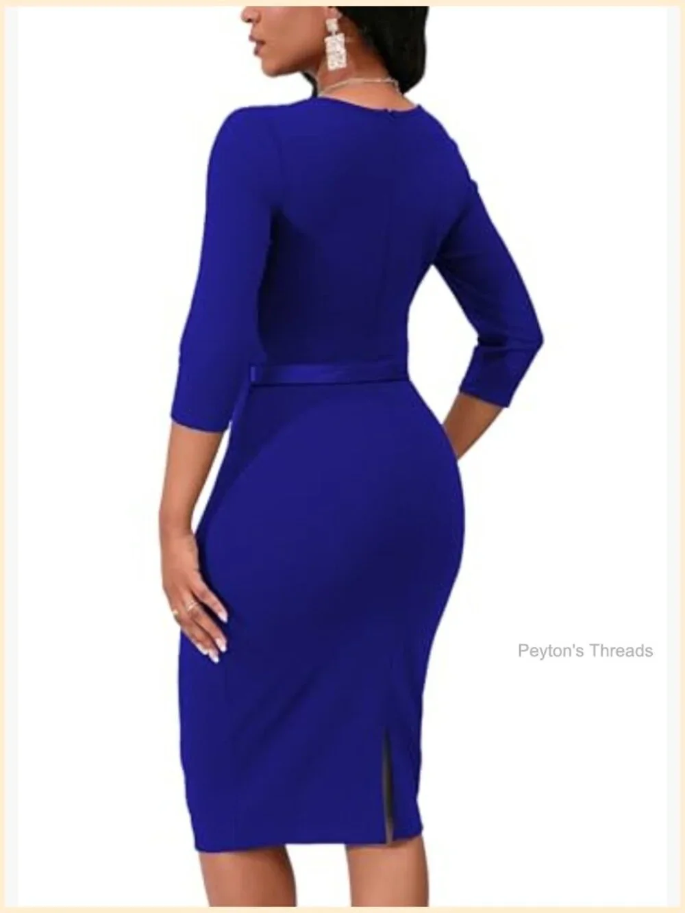 3/4 Sleeve Bodycon Pencil Midi Dress with Belt Crew Neck